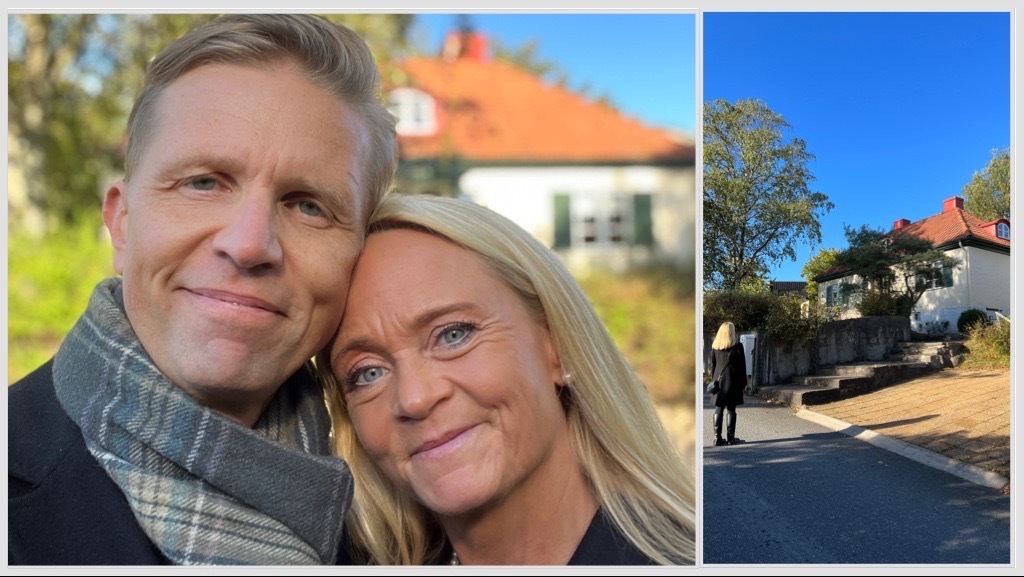 A collage of two images. To the left, a portrait of a blonde couple in front of a beautiful white villa on a sunny day. To the right, a blonde woman in a black winter coat looking at said villa from the street.