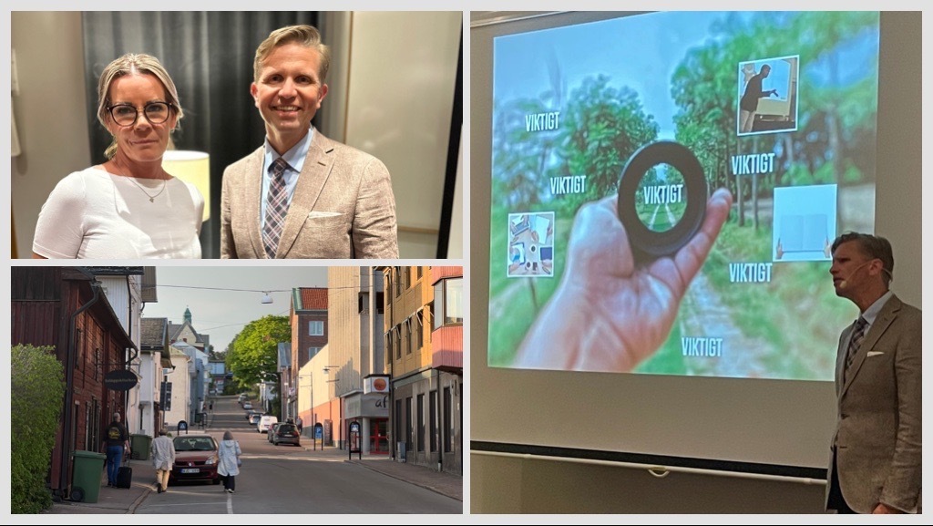 Collage consisting of three images. Top left: a blonde woman wearing glasses and a white top, accompanied by a similarly blonde man in a light brown jacket and a pink plaid tie. Bottom left: a view of a summery street in the small town of Arvika. On the right, the man from the first image is giving a lecture in front of a colorful picture.