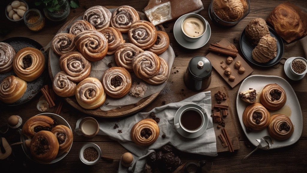 A variety of baked goods, including cinnamon buns, are arranged on a rustic wooden table with cups of coffee.