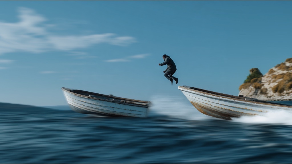 En man hoppar från en tom båt i hög fart till en annan över öppet hav nära en klippig kust.