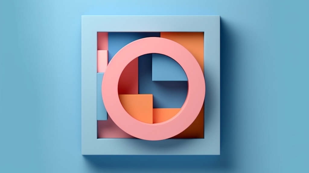 A 3D geometric artwork features a pink circle within a blue square frame, filled with orange and blue abstract shapes.
