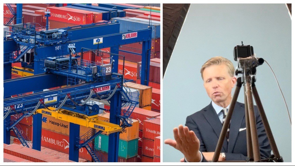 Collage consisting of two images - to the left giant cranes in a container port and to the right a man in blue jacket giving a talk before a tiny web camera.