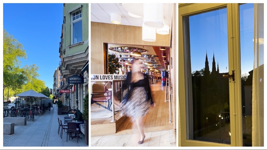 Kollage med tre bilder; en kafégatumiljö i Uppsla, en kvinna som kommer ut från en hotellentré och en kvällsvy genom ett fönster över Uppsala Domkyrka.