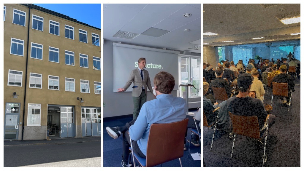 Collage consisting of the exterior of Cake's offices, David Stiernholm giving a talk and some employees at Cake.