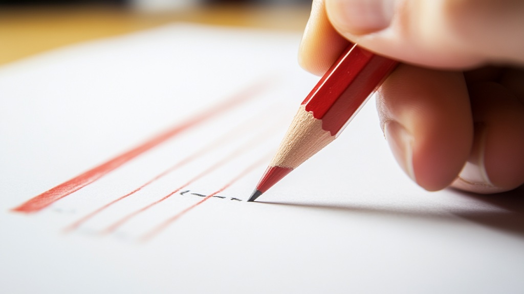 En hand ritar en tidslinje med en röd blyertspenna på ett vitt papper.