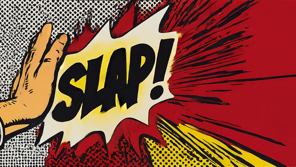 En serieteckningslik illustration visar en hand som slår till med ordet "SLAP!" i stora bokstäver omgivet av starka färger och rörelselinjer.