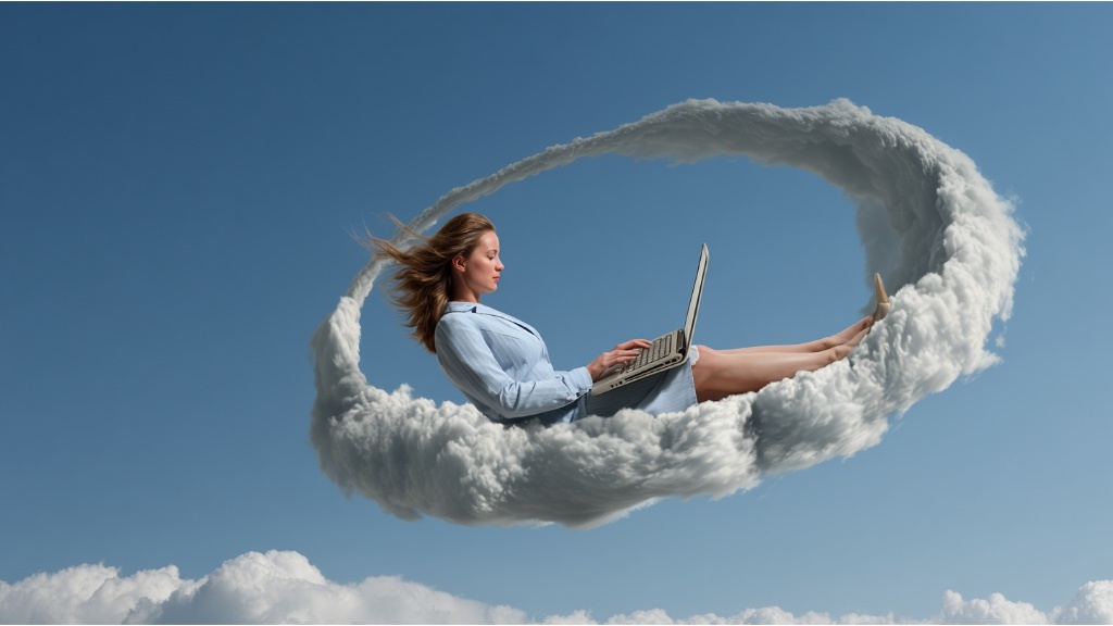 En kvinna sitter avslappnat på ett moln format som en loop medan hon arbetar på en laptop mot en klarblå himmel.
