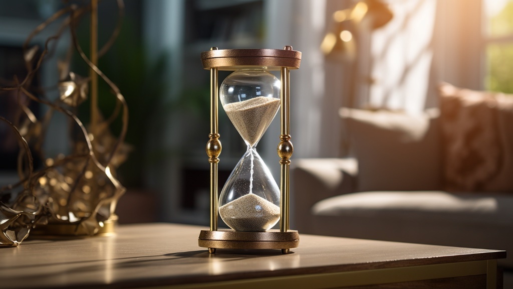 An elegant brass-framed hourglass with golden sand sits on a wooden table in a warmly sunlit room.