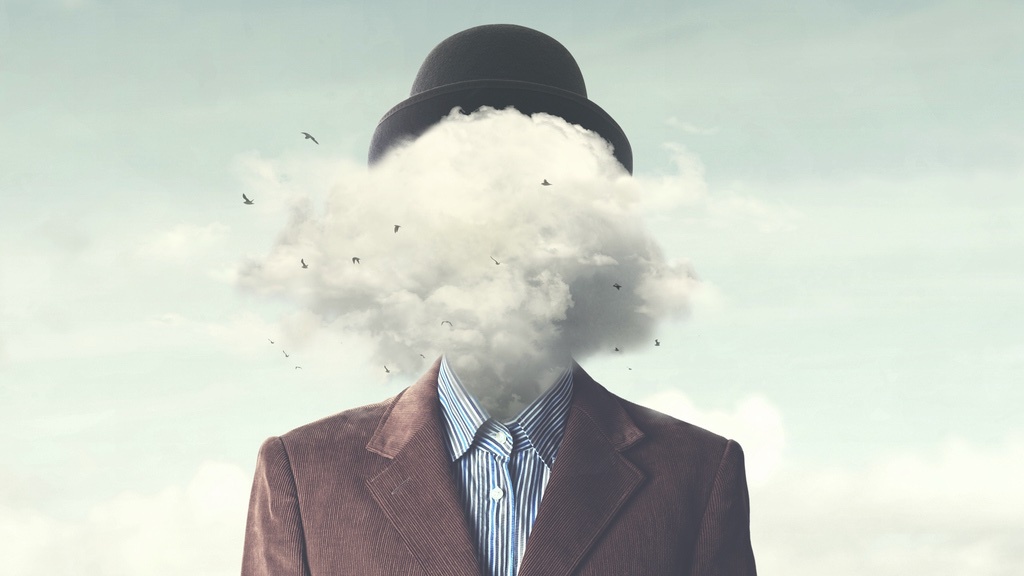 A person wearing a suit and bowler hat has a cloud, filled with birds, in place of their head.