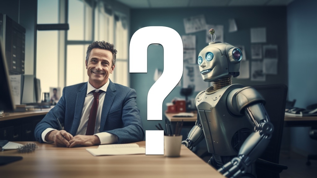 En leende man i kostym sitter vid ett skrivbord bredvid en vänlig robot med ett frågetecken mellan dem.
