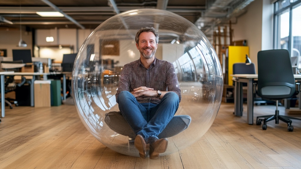 En man sitter lugnt inne i en genomskinlig plexiglaskupa i ett modernt kontorslandskap.