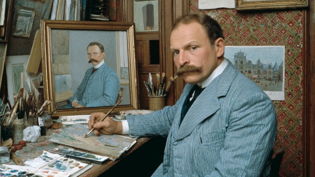 En mustaschprydd målare från slutet av 1800-talet sitter vid sitt röriga ateljébord och håller en pensel, med ett självporträtt på duk bakom sig som speglar hans eget utseende.