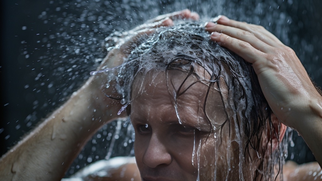 En person tvättar sitt hår med vatten som stänker omkring.