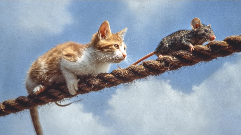 En orangevit katt balanserar på ett tjockt rep bakom en liten mus, båda mot en blå himmel med moln.