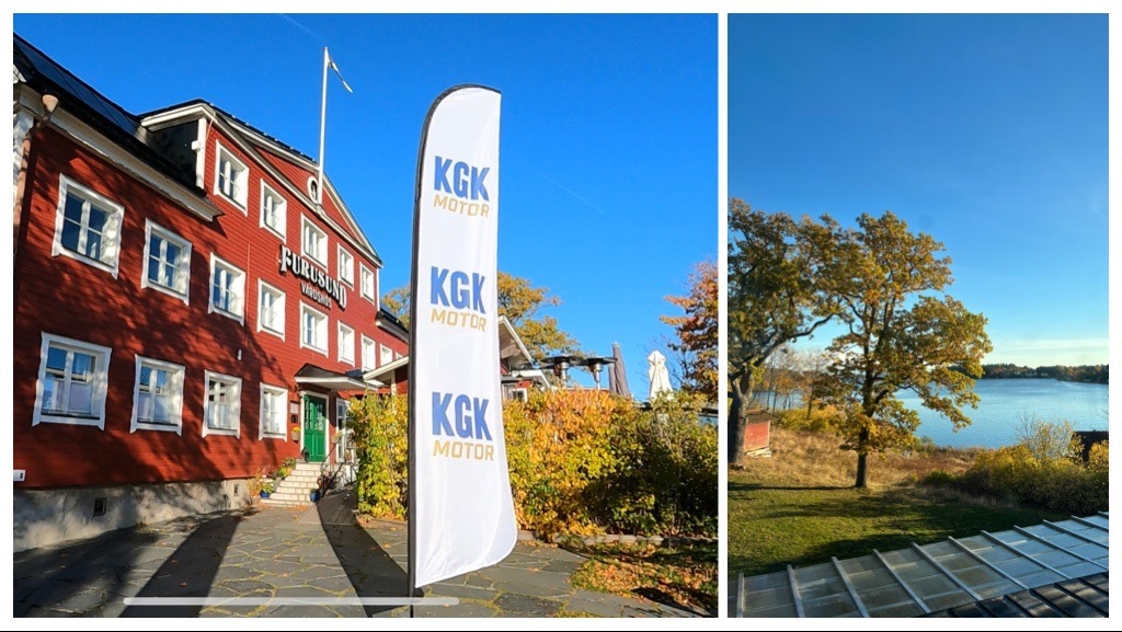 Kollage av två bilder; dels Furusunds Värdshus med KGK-motor-vepa utanför, dels vy över vattnet från Furusund.