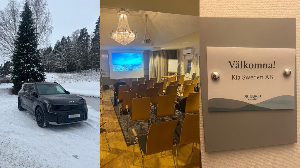 En snöig scen med en modern bil, ett tomt seminarierum redo för presentation, och ett välkomnande skylt från Kia Sweden.En snöig scen med en modern bil, ett tomt seminarierum redo för presentation, och ett välkomnande skylt från Kia Sweden.