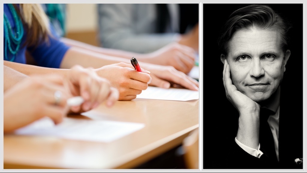 Kollage med två bilder; till vänster, närbild på kursdeltagares händer där de antecknar på mötesblock, till höger, David Stiernholm i svartvitt, vilande huvudet i höger hand.
