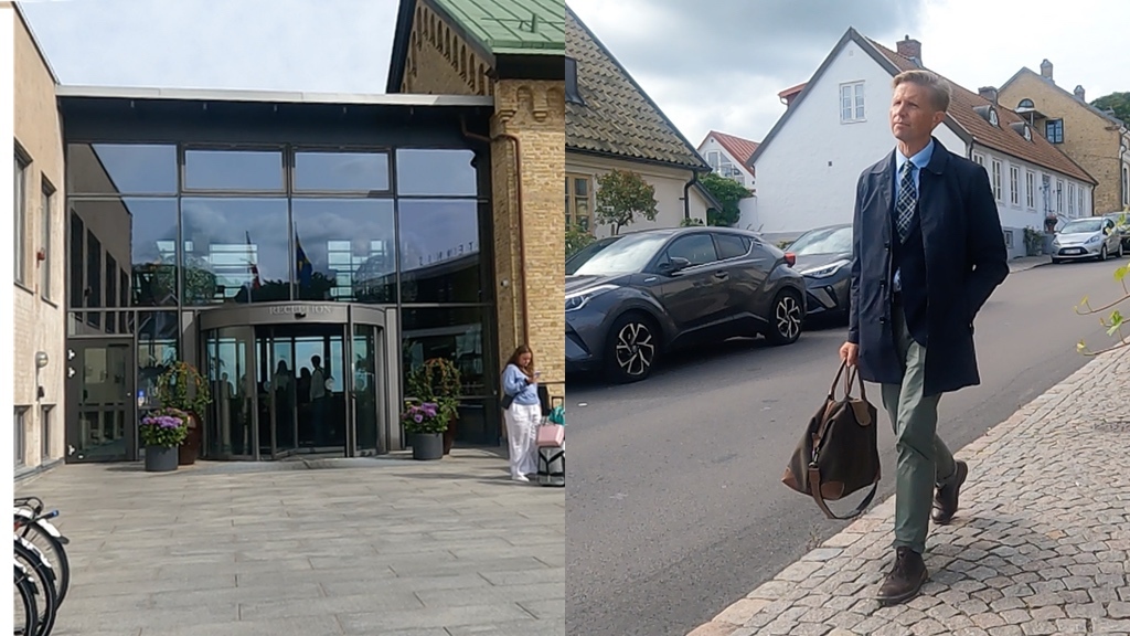 Ett kollage bestående av två bilder; till vänster, entrén till Hotel Skansen i Båstad; till höger, en blond man i blå sommarrock och gröna byxor som går nerför en gatstensbelagd gata i vackra Båstad.