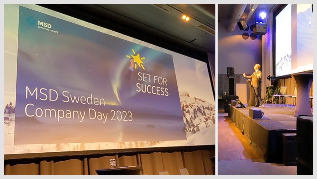 Collage of two images; a banner saying "MSD Sweden Company Day" and a man in brown jacket giving a talk from a purple tinted stage.