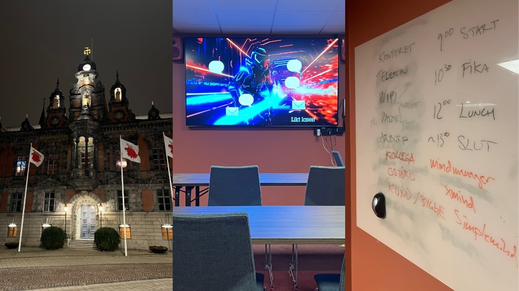 På bilden syns ett kollage av tre fotografier som visar en historisk byggnad på natten, en färgglad virtual reality-spelscen och en vit tavla med ett schema skrivet på svenska.