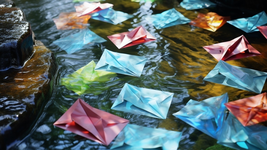 Colorful paper envelopes float on a calm water surface among rocks, with light reflections shimmering in the water.