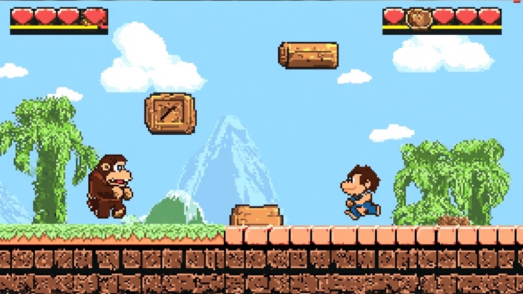 A pixelated retro platformer scene shows a character running toward a large ape with crates, logs, and a jungle background.