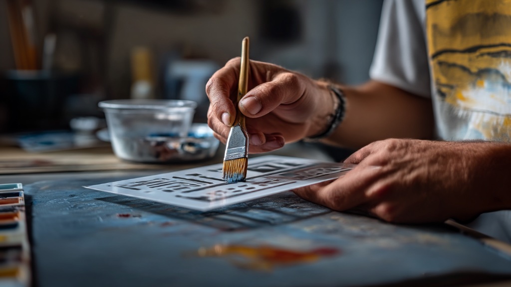 En person målar noggrant genom en mall med en pensel på ett arbetsbord fullt av konstmaterial