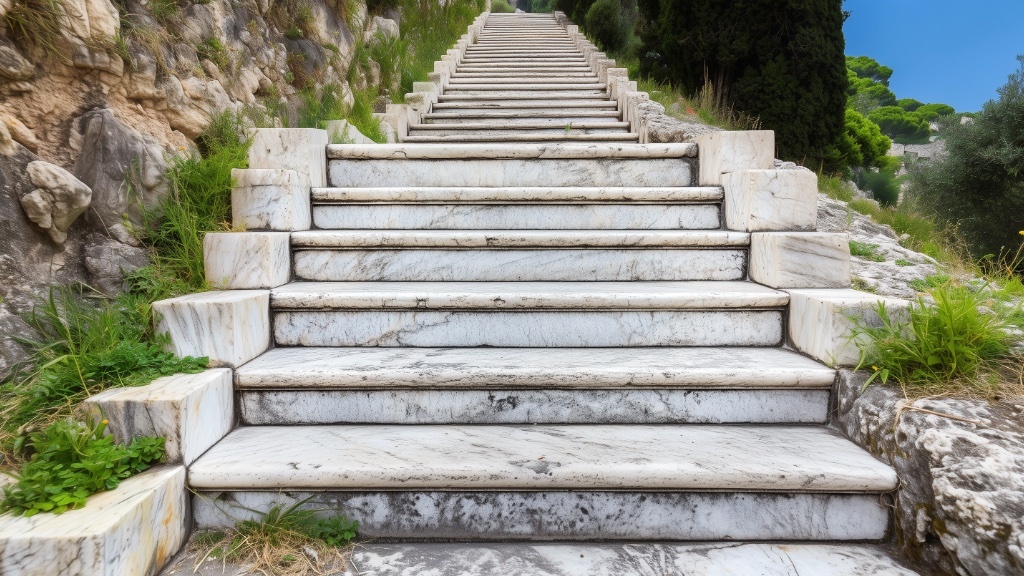 En lång, vit marmortrappa stiger uppför en klippig sluttning, flankerad av grönska och leder till en okänd destination.