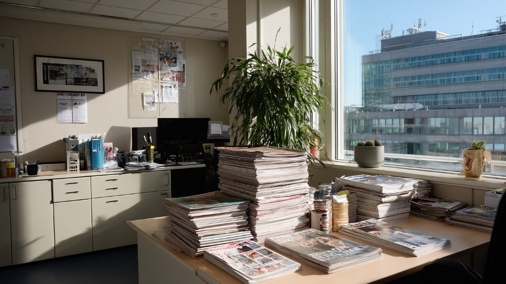 Ett ljust kontor med stora fönster innehåller högar av tidskrifter på ett skrivbord, en datorarbetsplats och flera krukväxter.