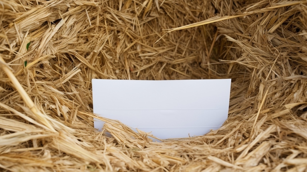 A white envelope is nestled and partially hidden within a bale of golden hay.