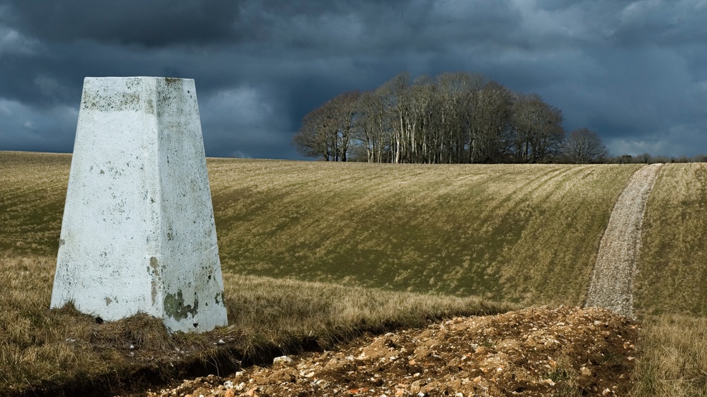 A stark white obelisk-like structure stands out against a dark, stormy sky, overlooking a path through a field leading to a distant copse of bare trees.