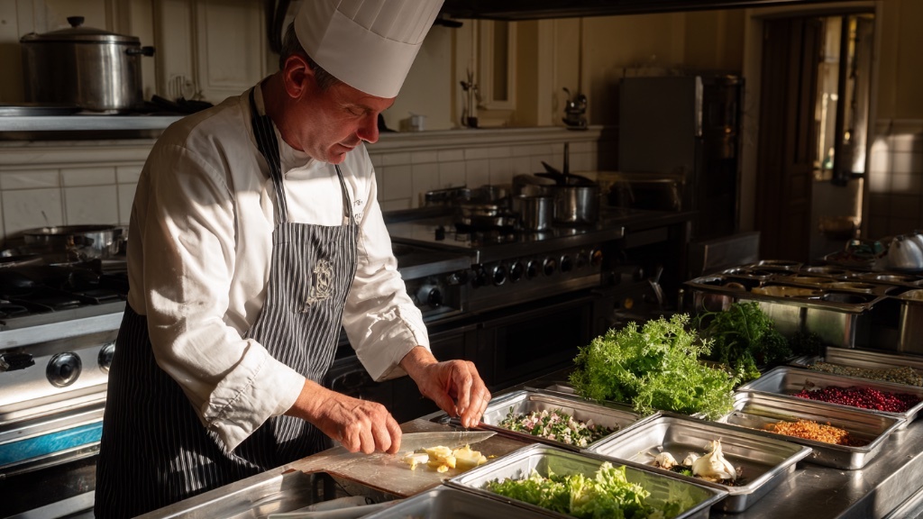 En kock med vit hatt och randigt förkläde förbereder ingredienser vid en rostfri arbetsbänk, omgiven av bleck fyllda med färska grönsaker och tillbehör i ett professionellt kök.