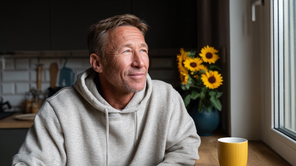En medelålders man i en ljus huvtröja sitter vid ett köksbord med en gul mugg och tittar eftertänksamt ut genom fönstret bredvid en vas med solrosor.