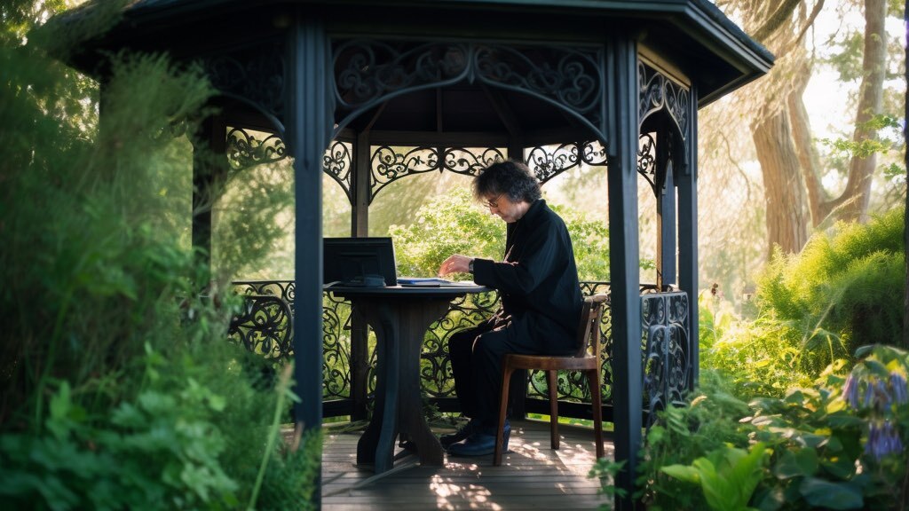A man with dark, curly hair is sitting at a table in a lush, green gazebo, writing on a laptop.