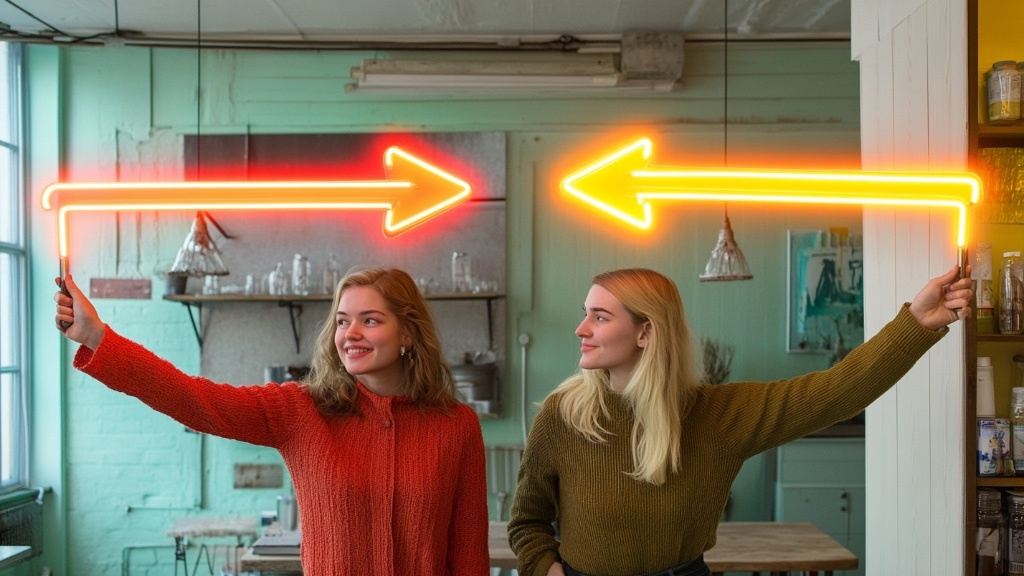 Två unga kvinnor står mitt emot varandra i ett stilrent, modernt kafé och håller varsin neonskylt som pekar i motsatta riktningar.
