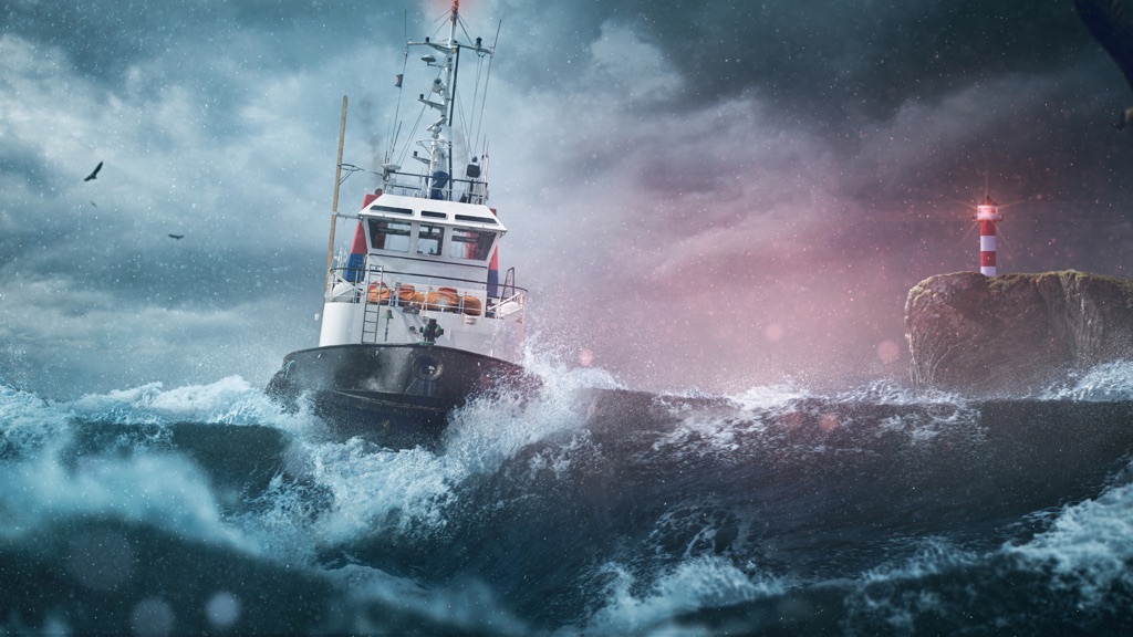 A boat battles high waves in a stormy sea near a lighthouse shining through the mist.