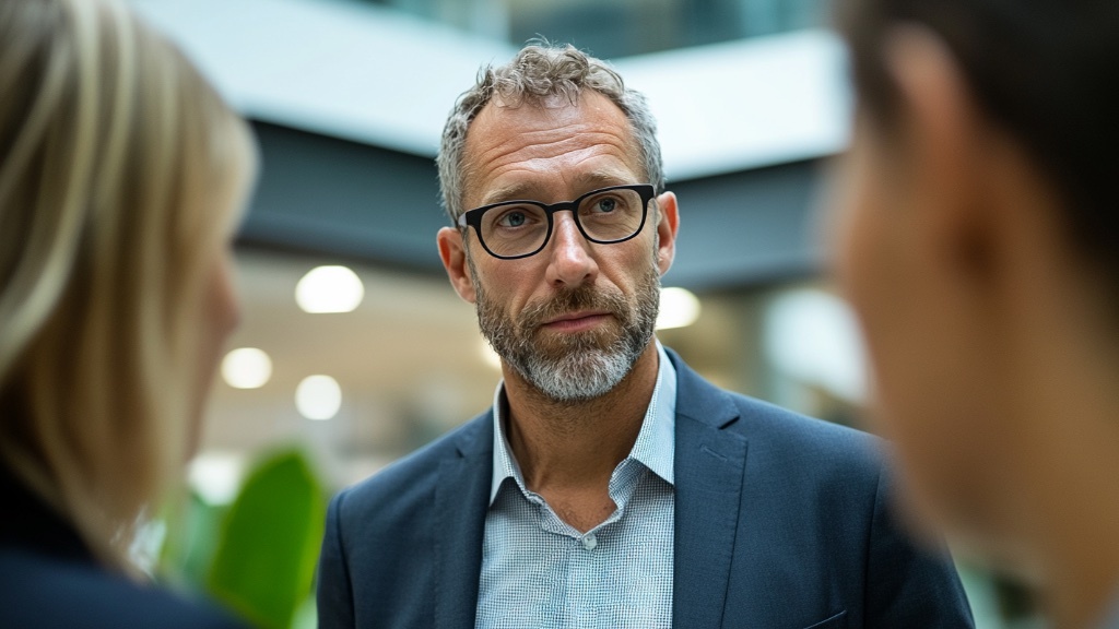 En medelålders man med glasögon och skägg, klädd i kostym, lyssnar uppmärksamt på två personer i en professionell miljö.