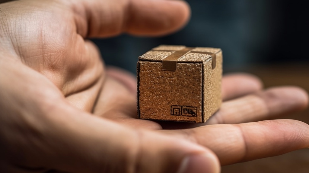 A hand holds a tiny cardboard box sealed with tape and marked with small shipping symbols.