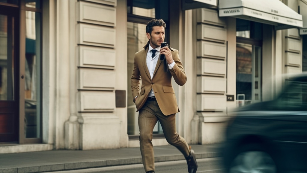 En man i brun kavaj, vit v-ringad tröja och mörkblå slips småspringer längs en innerstadsgata och talar in en röstnotering i mobilen samtidigt som en bil kör förbi i hög hastighet.