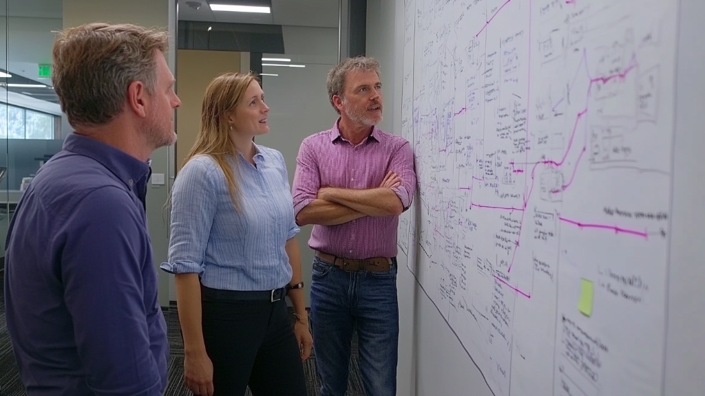 Three colleagues are standing in front of a large process board filled with handwritten notes and diagrams, discussing and analyzing the content.