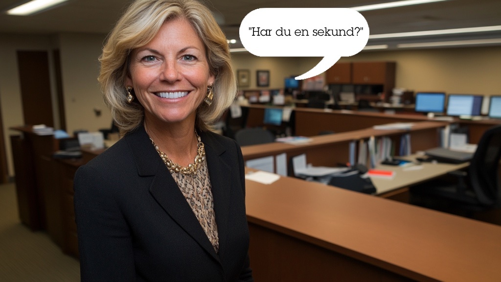 En leende kvinna i affärskläder står i ett kontor och frågar ”Har du en sekund?” i en pratbubbla.