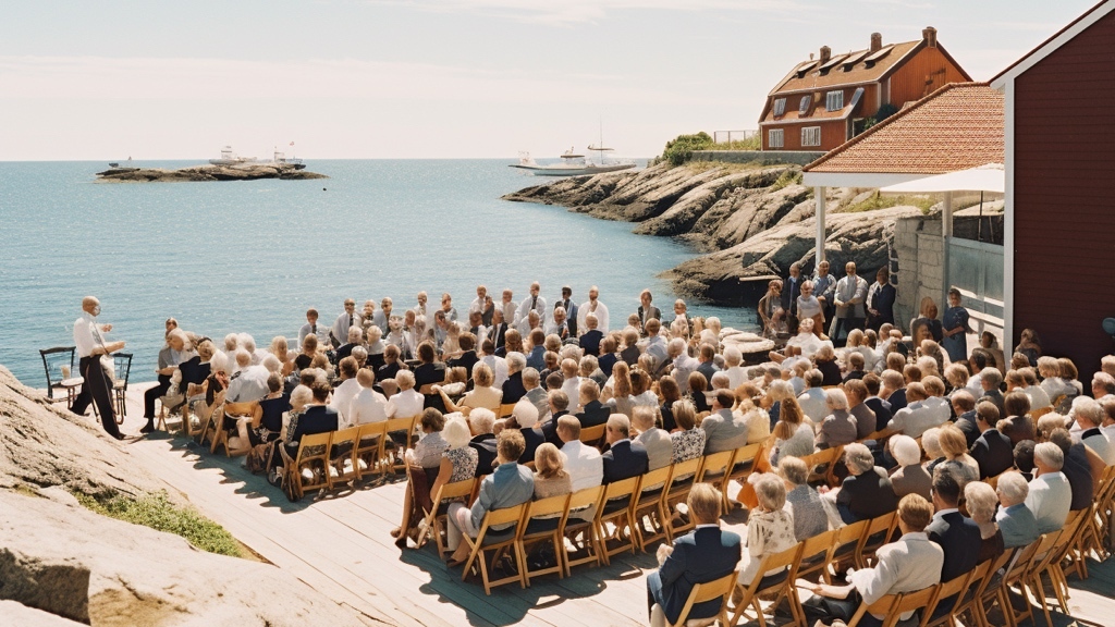 A large group of colleagues are sitting on a pier on the west coast, holding a kickoff for the upcoming fall. It's early September, but the sun is shining. Lunch will be soon.