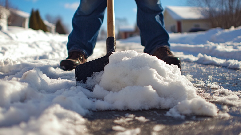 En person iklädd jeans och stövlar skottar snö från en uppfart under en klarblå himmel.