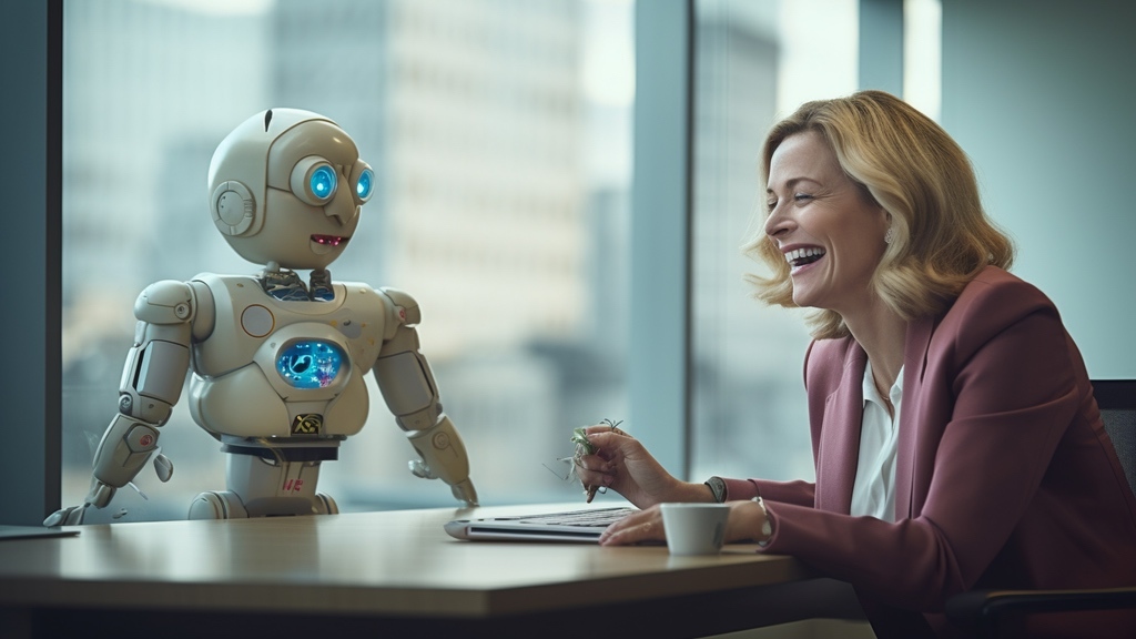 A cheerful businesswoman shares a joyful moment with a cute humanoid robot in a modern office setting.