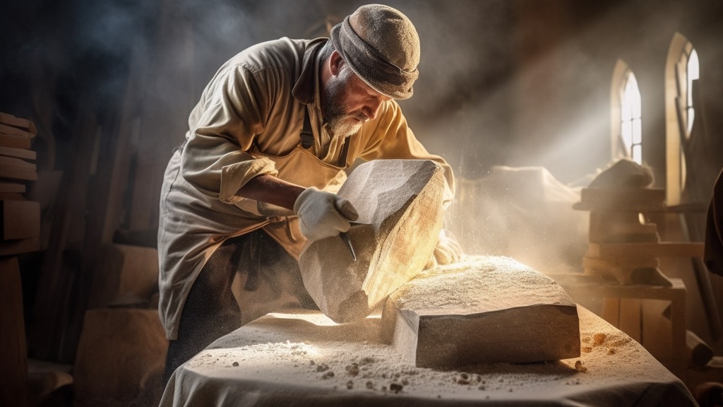 A focused stone mason in a traditional outfit carves a large block of stone in a sunlit workshop filled with dust and tools.