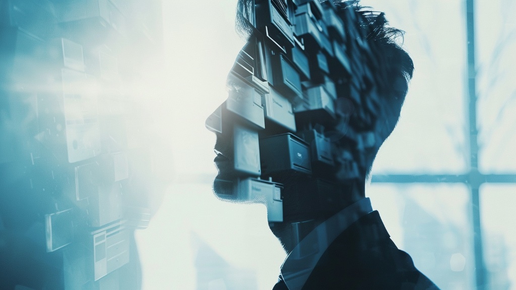 En dubbel exponering av en mans profil kombinerad med rader av lådor väcker associationer till strukturerat tänkande eller organiserat minne.