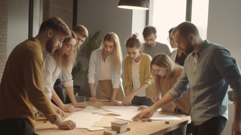A group of eight people are gathered around a table, collaborating and dividing tasks on large sheets of paper.