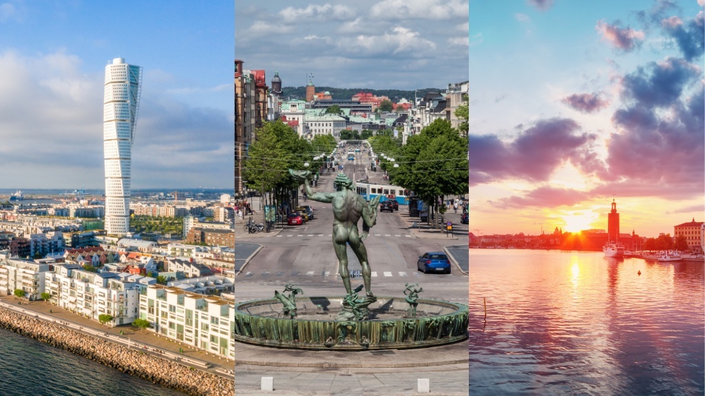 Ett kollage visande Turning Torso i Malmö, Poseidonstatyn i Göteborg och en solnedgångsutsikt över Stockholms stadssiluett.