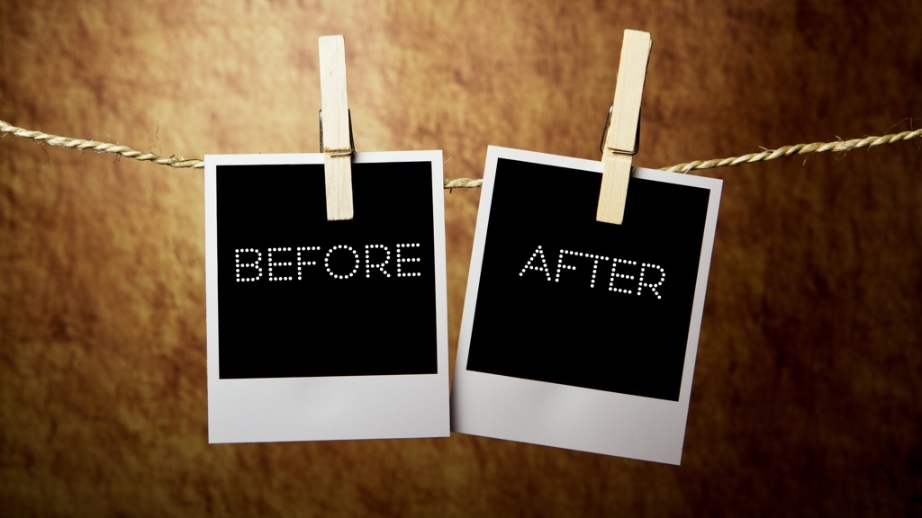 Two polaroid pictures on a string. One says "before" and the other "after".