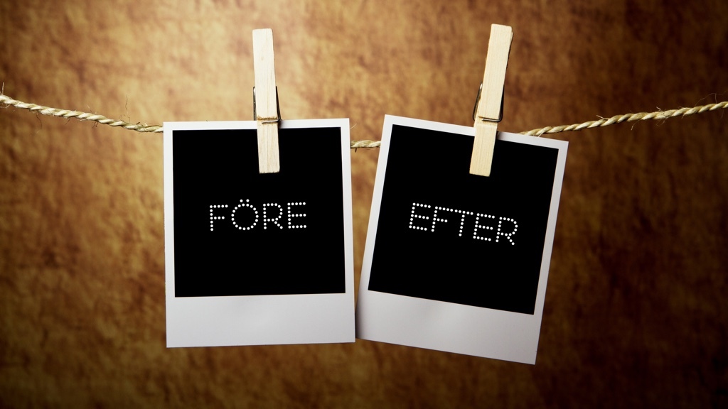 Två polaroidbilder hänger på ett klädstreck, fastsatta med klädnypor. På den ena står det "före" och på den andra "efter".